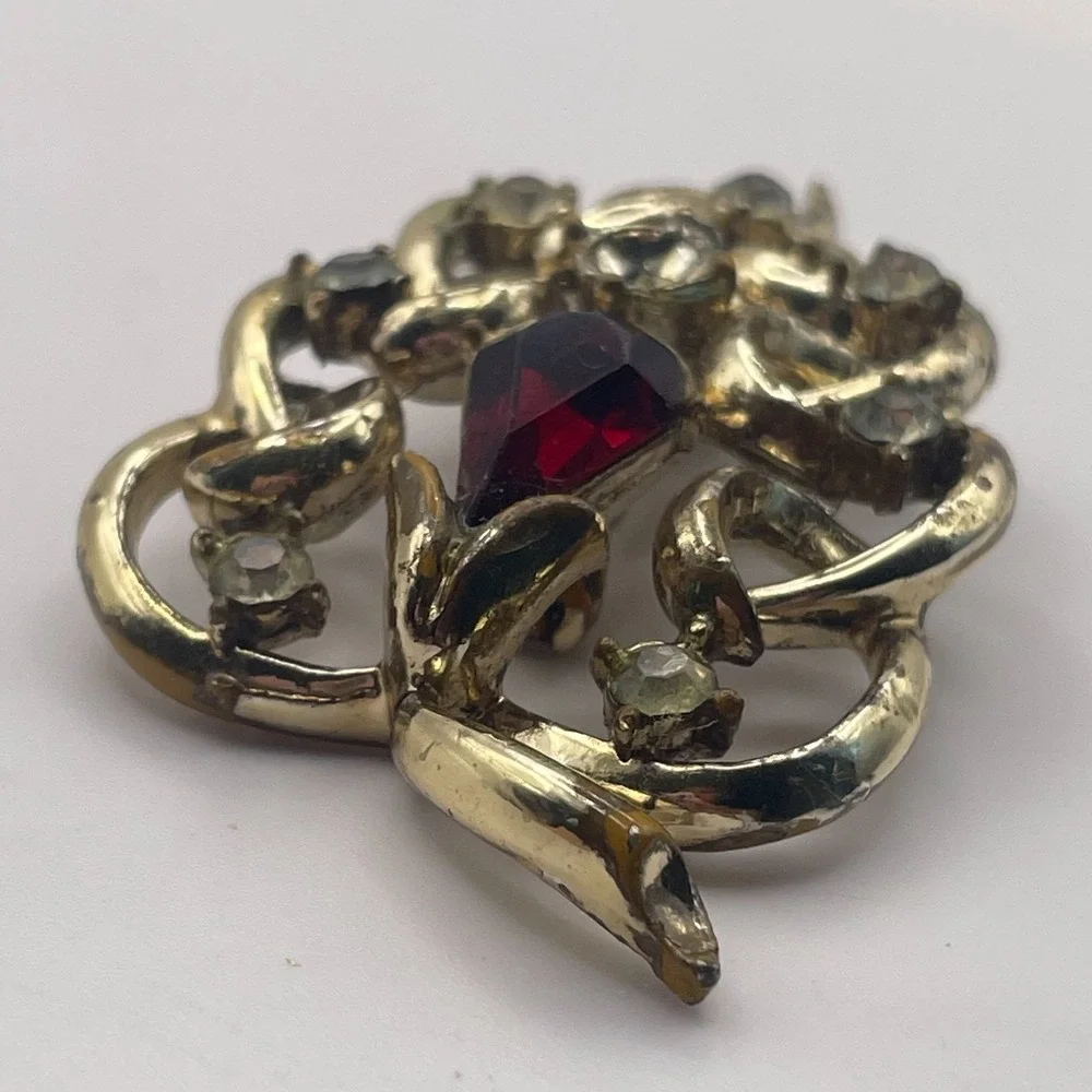 Vintage Gold Tone Red Pear Rhinestone Openwork Shield Filigree Statement Brooch